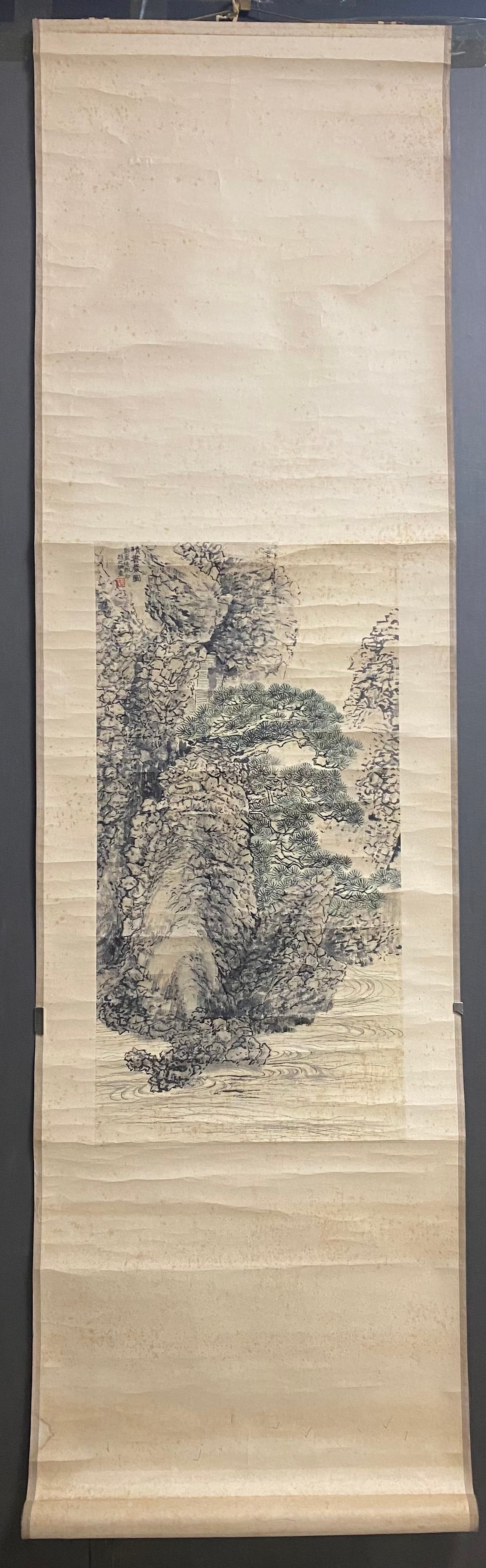 A Chinese Vertical Scroll Ink Painting of Landscape on Paper: A Chinese Vertical Scroll Ink Painting of Landscape on Paper,Qing Dynasty, China,Zhao Zhiqian,without frame size:26inx13.4in 