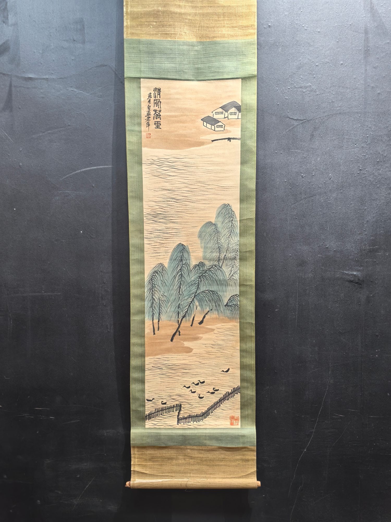 A Chinese Vertical Scroll Ink Painting of Landscape on Paper: A Chinese Vertical Scroll Ink Painting of Landscape on Paper,Modern Time of China,Qi Baishi,without frame size:12.1inx43.1in 