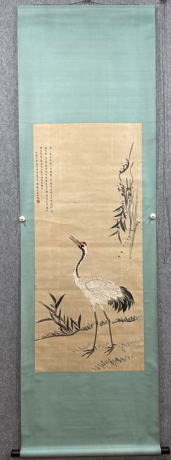A Chinese Vertical Scroll Ink Crane Painting on Paper: A Chinese Vertical Scroll Ink Crane Painting on Paper,Qing Dynasty, China,Shen Quan,Size:23.6inx53.1in(Without frame) 