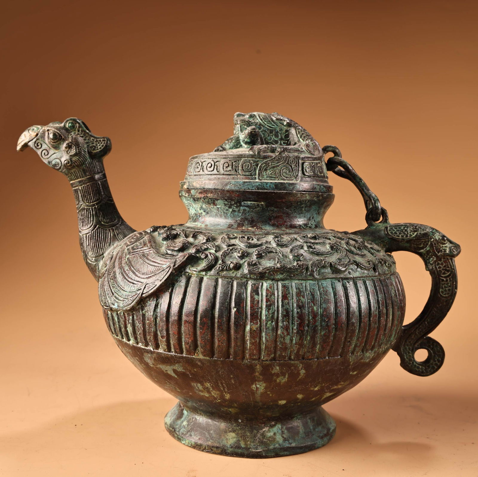 A Exquisite Bronze With Inscription Bird Beak Handled Ewer: A Exquisite Bronze With Inscription Bird Beak Handled Ewer,Han Dynasty, China,Size:7.9inx11.4in,Weight:2250g 