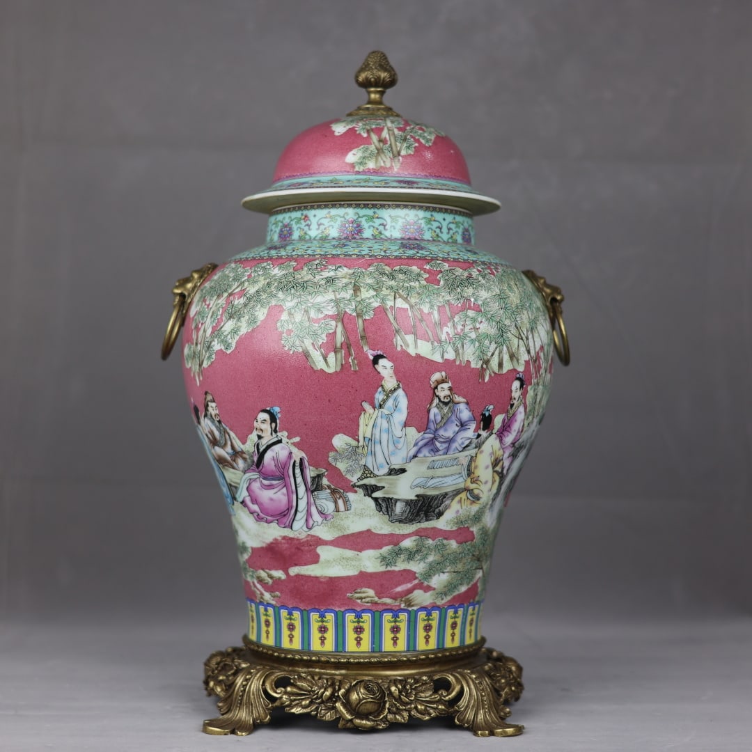 A Huge Ruby Red Glazed Famille-Rose Inlaid Bronze Figure and Story Pattern Jar with Cover: A Huge Ruby Red Glazed Famille-Rose Inlaid Bronze Figure and Story Pattern Jar with Cover,Qing Dynasty,China,Qianlong Four-Character Mark,Size:20.5inx11.8in 胭脂红釉粉