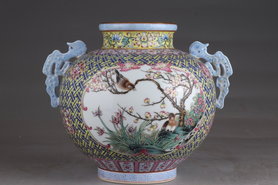 An Exquisite Enamel Painted Gold Flower and Bird Pattern Double-Ears Vase (1 of 9)