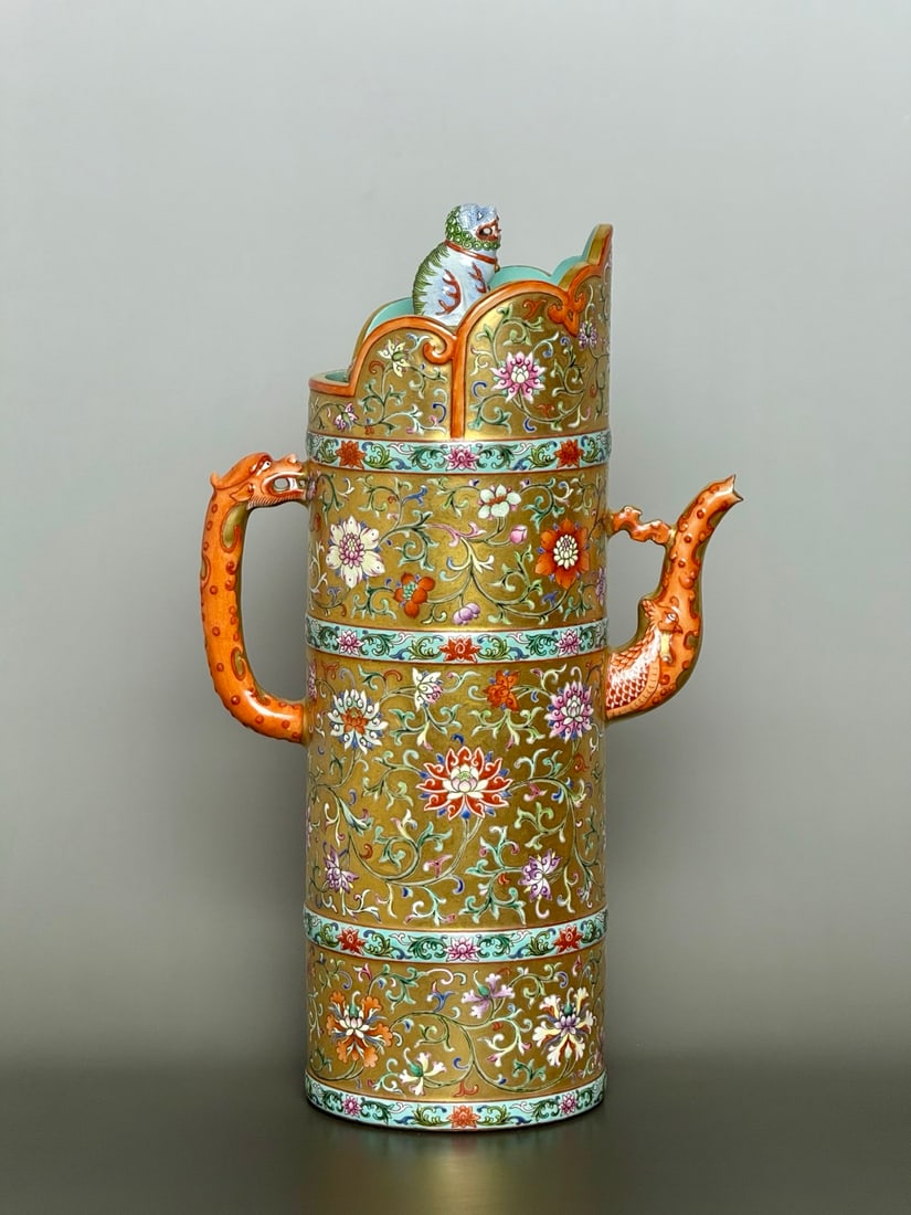 An Exquisite Gold Ground Enamel Lotus Pattern Pot: An Exquisite Gold Ground Enamel Lotus Pattern Pot,Qing Dynasty,China,Qianlong Six-character Mark,Size:14.8inx8.7in 金地珐琅彩缠枝莲纹壶,