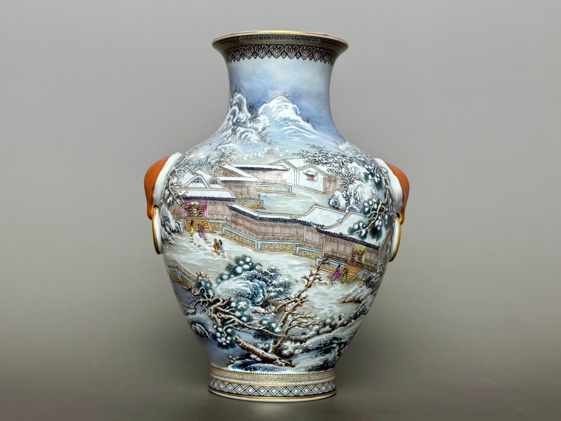 An Exquisite Ink Color Painted Gold Landscape and Figure Pattern Beast-Ears Vase,with poem: An Exquisite Ink Color Painted Gold Landscape and Figure Pattern Beast-Ears Vase,with poem,Qing Dynasty,China,Qianlong Six-character Mark,Size:7.2inx5.4in 