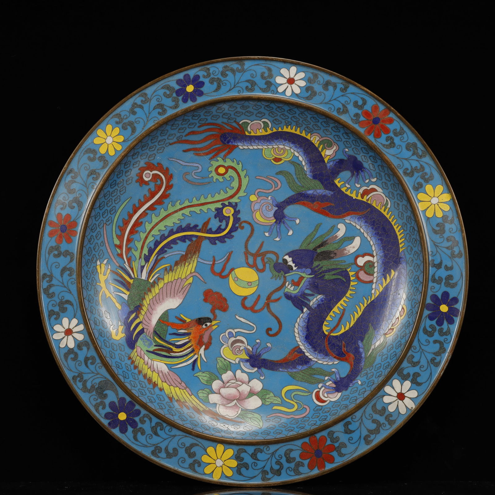 A Huge Cloisonne Flower Dragon and Phoenix Pattern Plate: A Huge Cloisonne Flower Dragon and Phoenix Pattern Plate,Qing Dynasty, China,Qianlong Four-character Mark,Size:15inx1.6in,Weight:2300g 