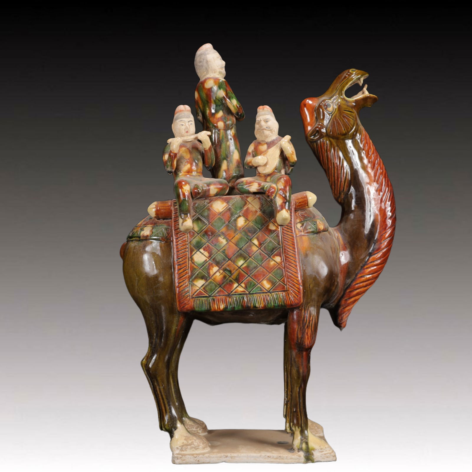 An Rare Tang Tri-Color Glazed Pottery Figure Riding Camel Ornament: An Rare Tang Tri-Color Glazed Pottery Figure Riding Camel Ornament,Tang Dynasty,China,Size:15inx5.5inx22in,Weight:5450g 