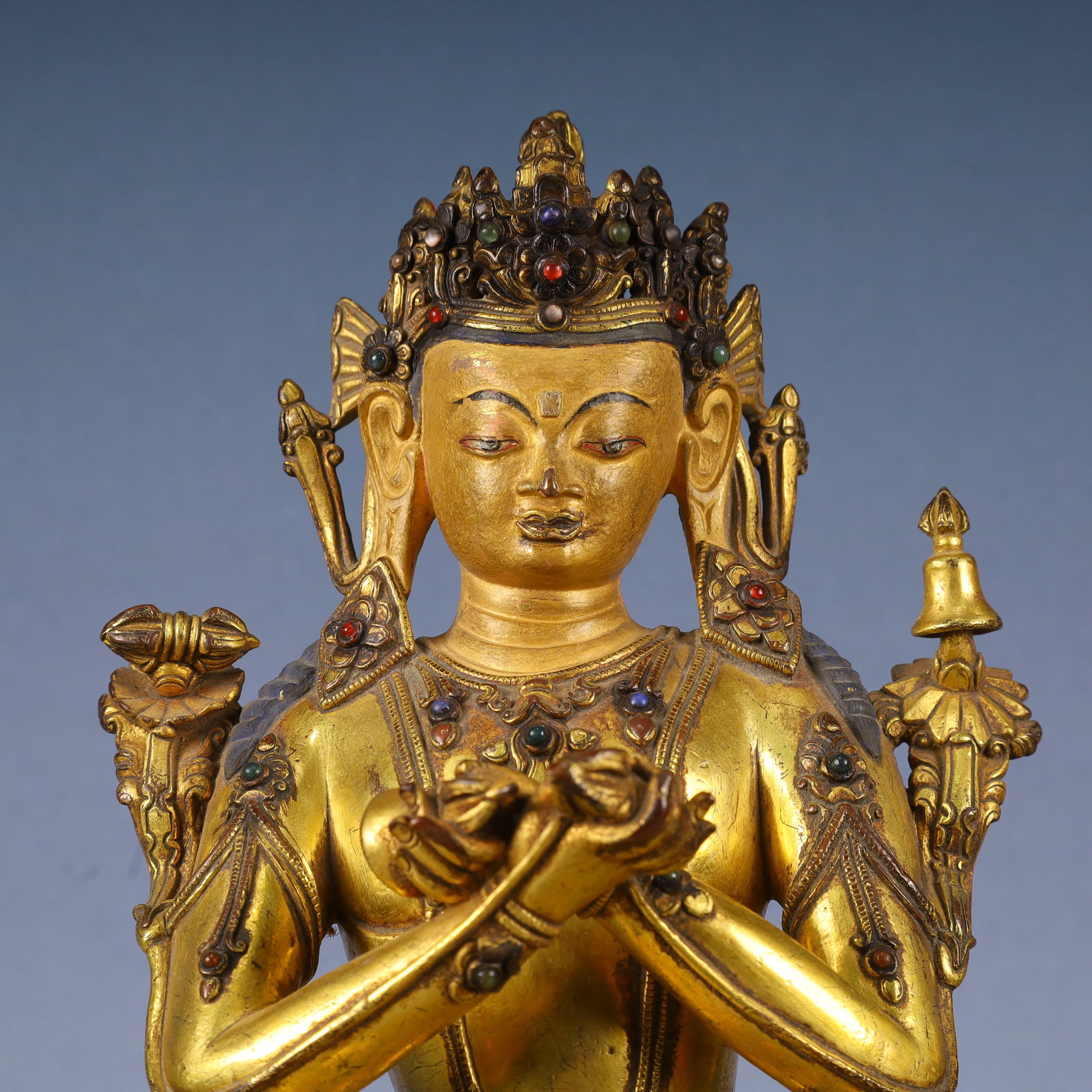 A Solemn Gilt Bronze Buddha Statue,Inlaid Gems - 2