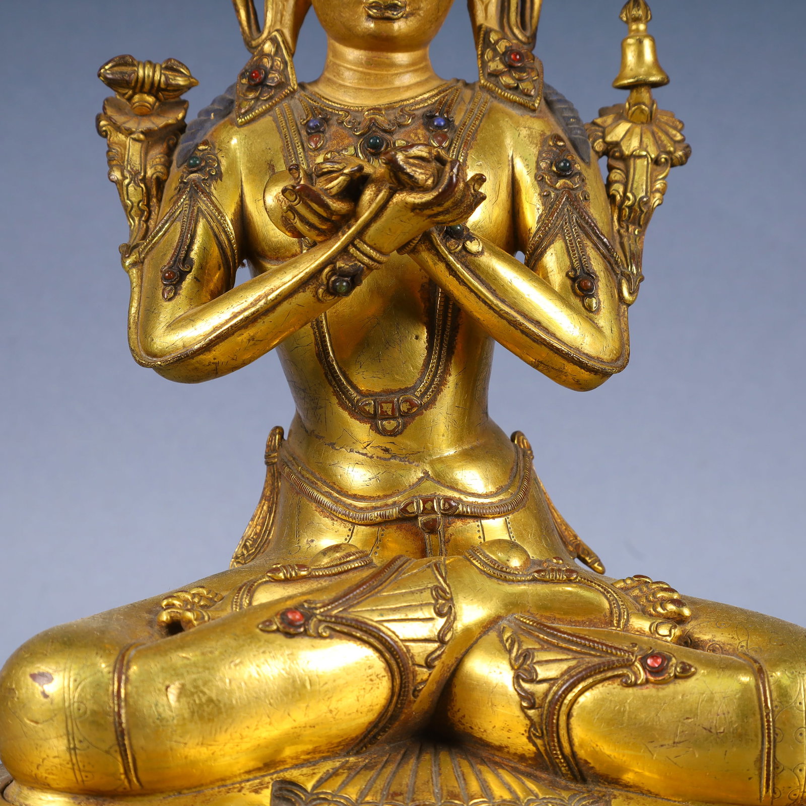 A Solemn Gilt Bronze Buddha Statue,Inlaid Gems - 3