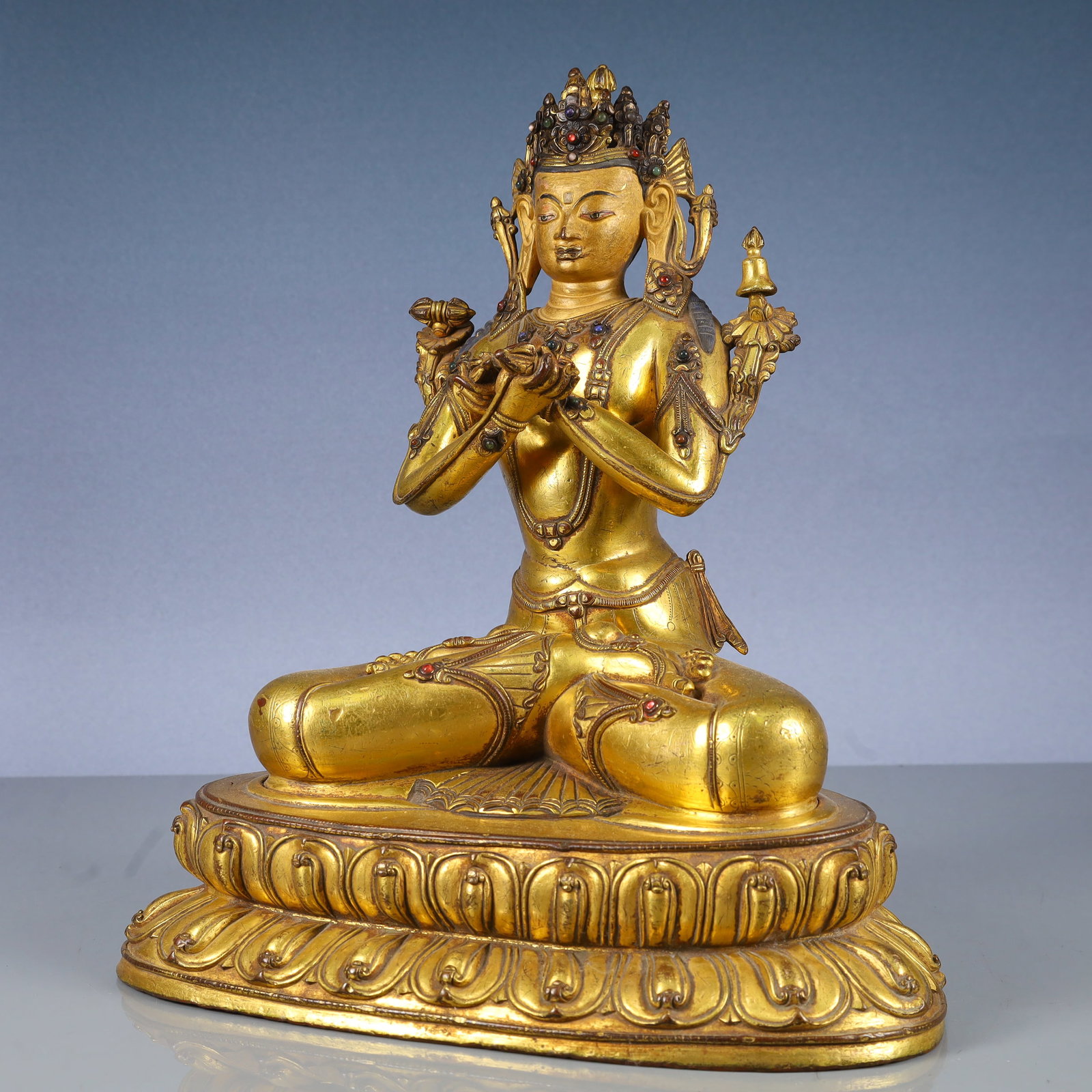 A Solemn Gilt Bronze Buddha Statue,Inlaid Gems - 5