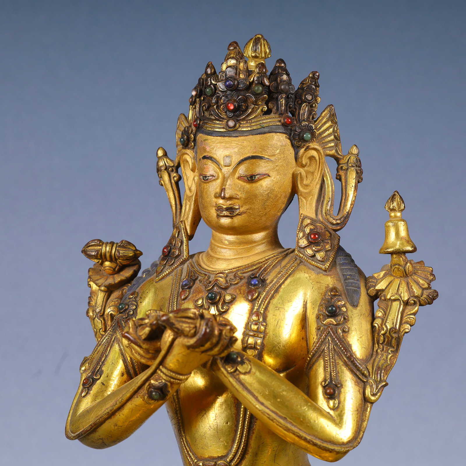 A Solemn Gilt Bronze Buddha Statue,Inlaid Gems - 6