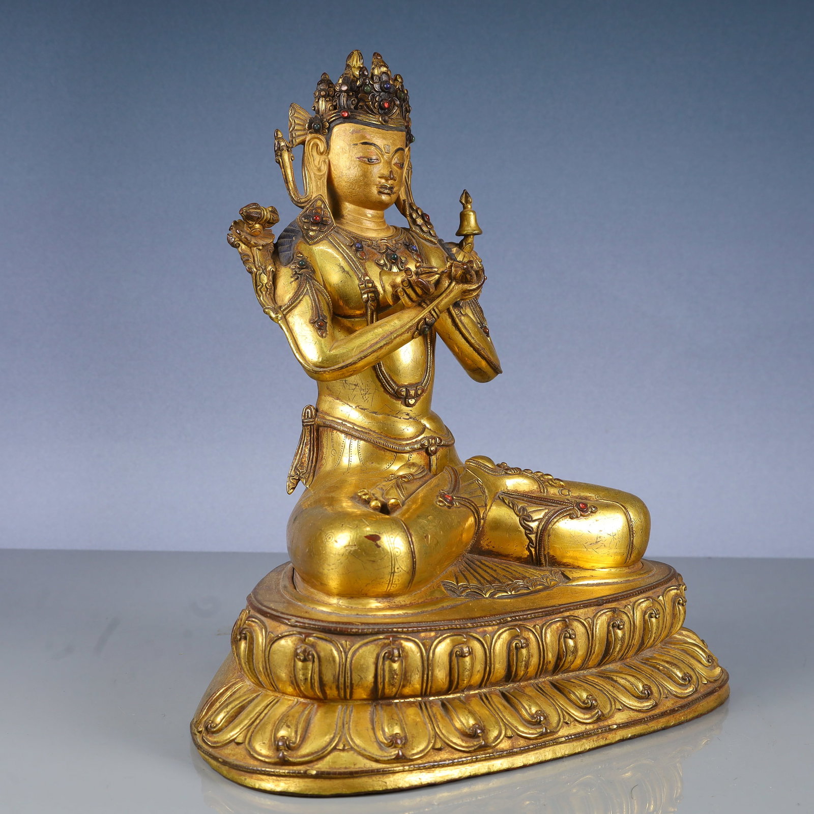 A Solemn Gilt Bronze Buddha Statue,Inlaid Gems - 7