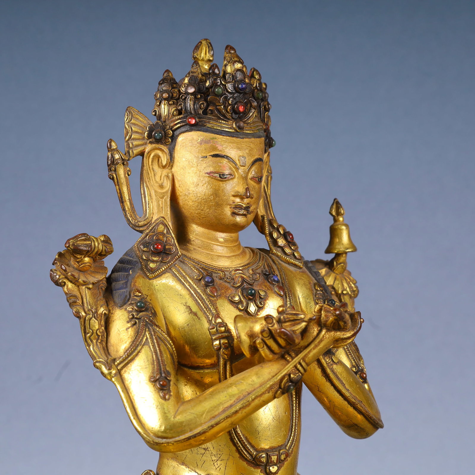 A Solemn Gilt Bronze Buddha Statue,Inlaid Gems - 8