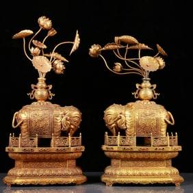 A Pair of Huge Gilt Bronze Inlaid Gems Elephant Ornament