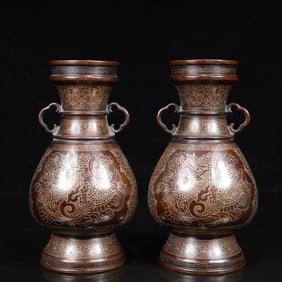 A Pair of Rare Bronze Dragon Pattern Double-Ears Vases