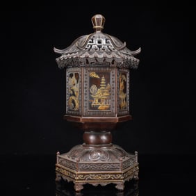 A Rare Gilt Bronze Landscape Pattern Censer