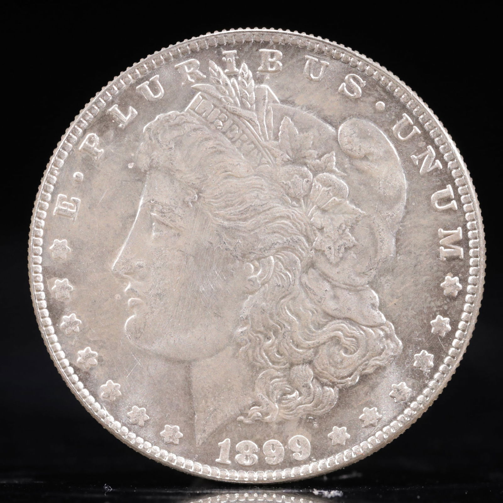 USA Morgan Dollar 1899 Coin: Obv: profile bust with date below and E PLURIBUS UNUM legend and stars around. Rev: eagle with In God we trust above within wreath with UNITED STATES OF AMERICA ONE DOLLAR legend. IN GOD WE TRUST /