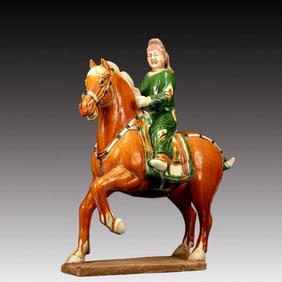A Rare Tang Tri-Color Glazed Pottery Figure Riding Horse Ornament