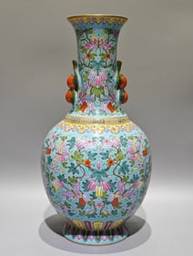 An Exquisite Famille-Rose Turquoise Glazed Melon and Fruit Pattern Double-Ears Vase