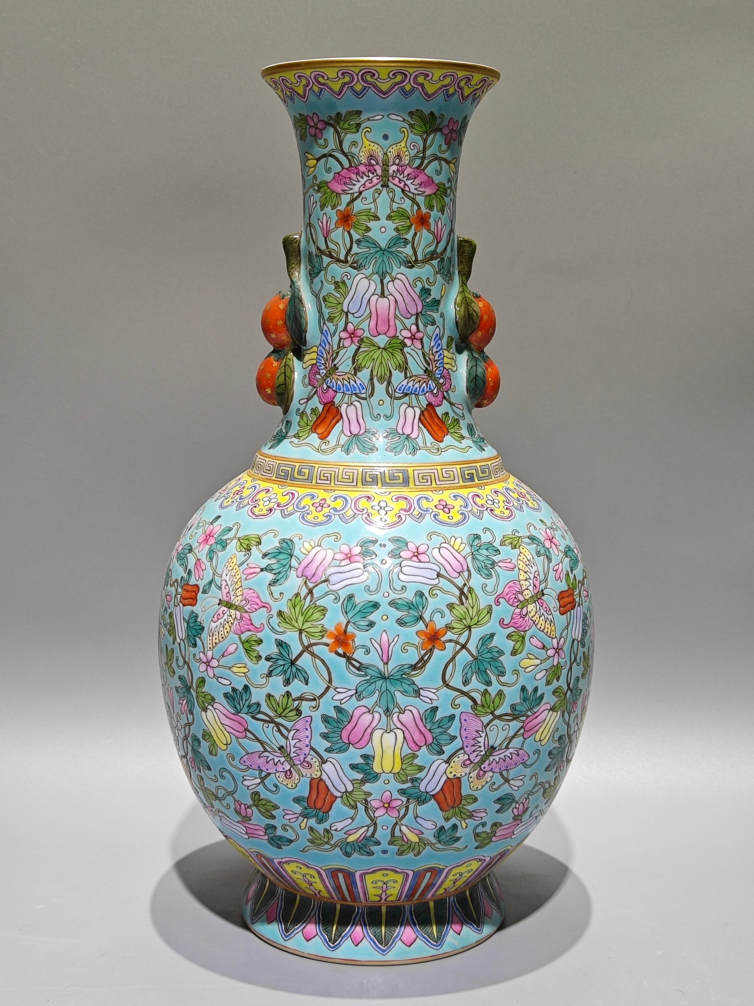 An Exquisite Famille-Rose Turquoise Glazed Melon and Fruit Pattern Double-Ears Vase (1 of 8)