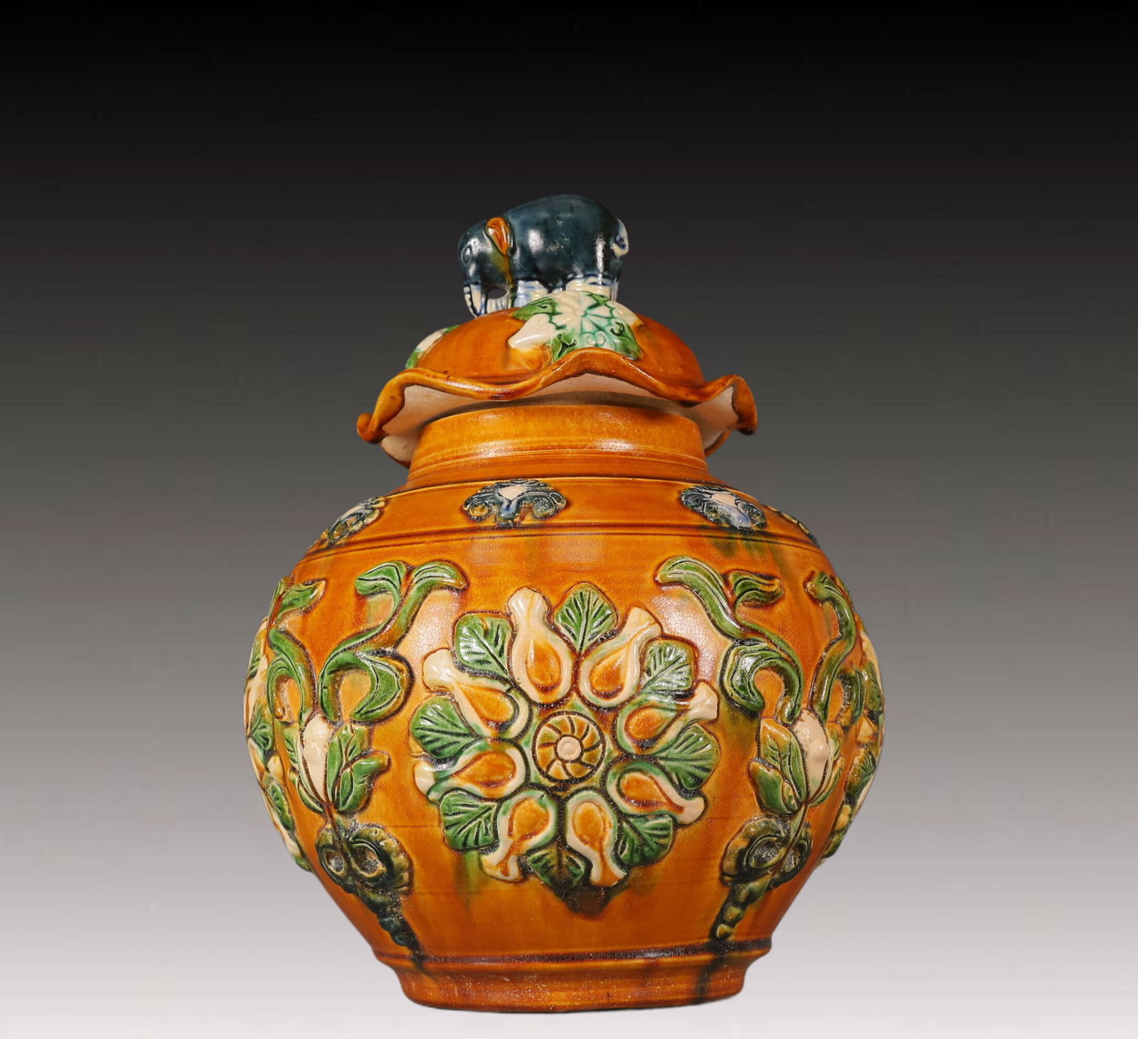 A Rare Tang Tri-Color Glazed Pottery Flower Pattern Cover Jar (1 of 11)