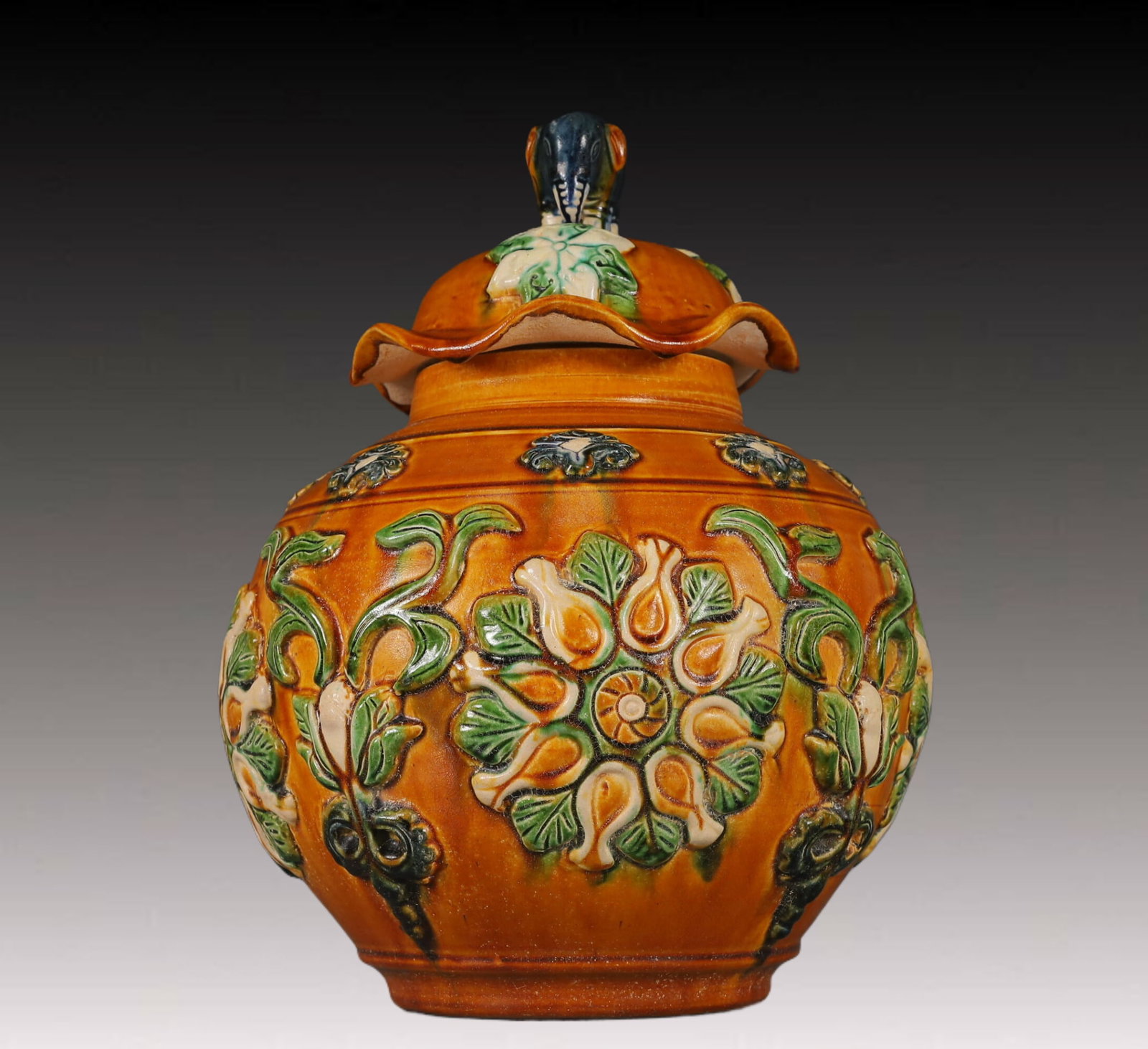A Rare Tang Tri-Color Glazed Pottery Flower Pattern Cover Jar - 5
