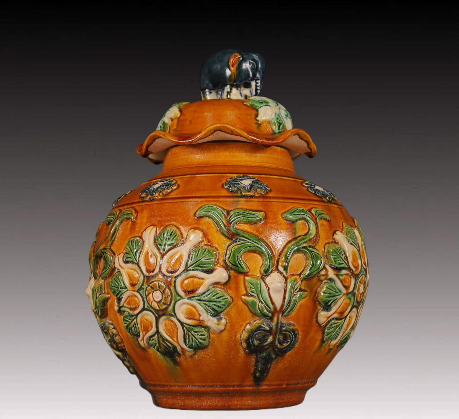 A Rare Tang Tri-Color Glazed Pottery Flower Pattern Cover Jar - 6
