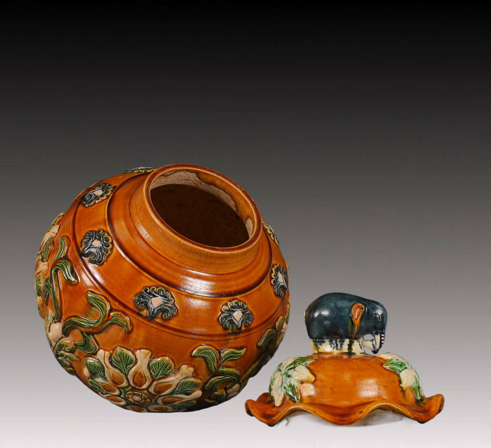 A Rare Tang Tri-Color Glazed Pottery Flower Pattern Cover Jar - 7