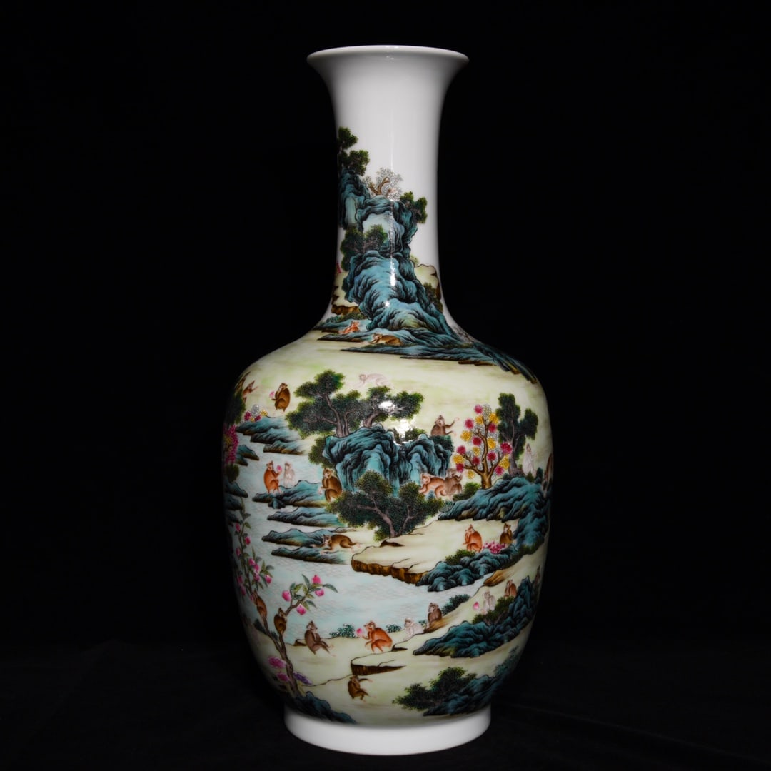 A Huge Famille-Rose Monkey Pattern Vase: A Huge Famille-Rose Monkey Pattern Vase,Qing Dynasty,China,Qianlong Six-Character Mark,Size:18.1inx9.1in 粉彩灵猴纹瓶,中国清代,乾Ɓ