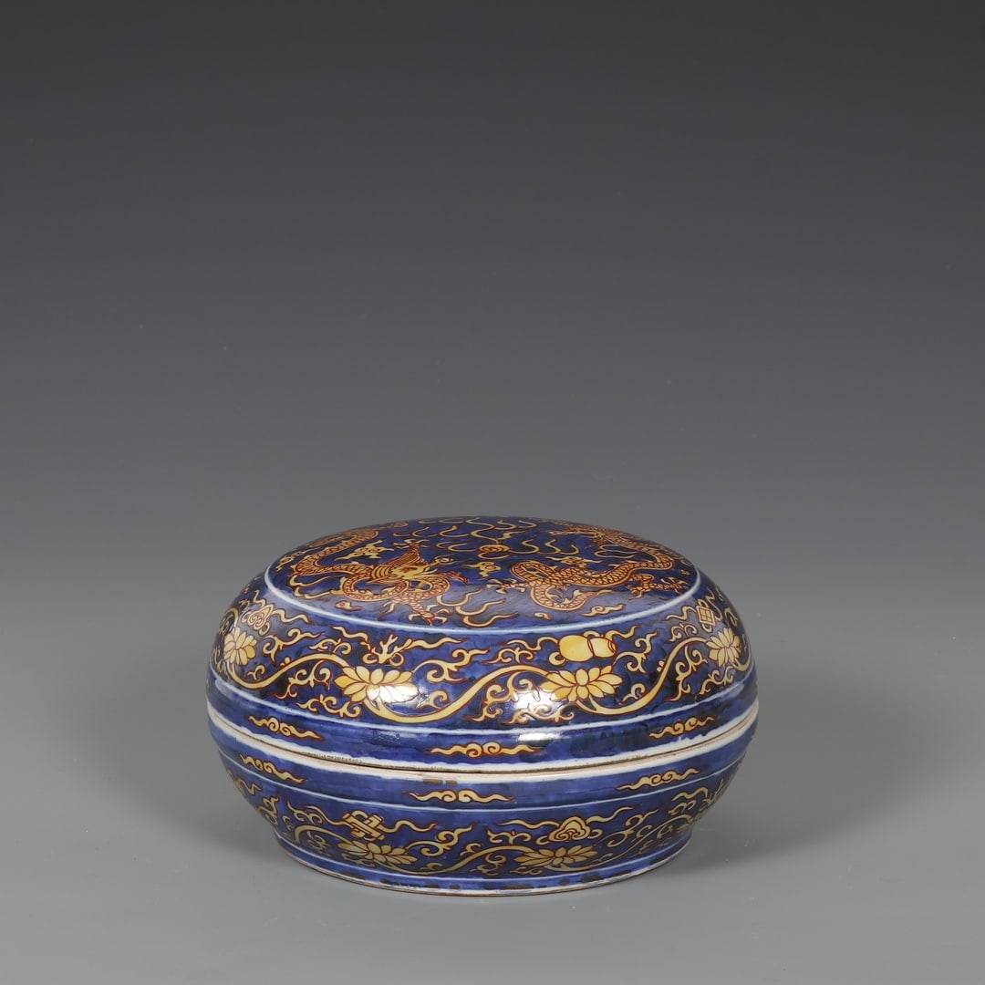 An Exquisite Blue Ground Yellow Glazed Auspicious Cloud and Dragon Pattern Box with Cover: An Exquisite Blue Ground Yellow Glazed Auspicious Cloud and Dragon Pattern Box with Cover,Ming Dynasty,China ,Wanli Six-character Mark,Size:4.1inx7.3in 蓝地黄釉祥云