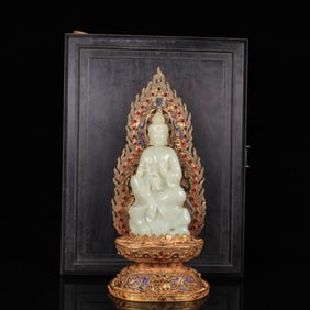 An Exquisite Gilt Bronze Inlaid White Jade Statue of Avalokitesvara,Inlaid Gems