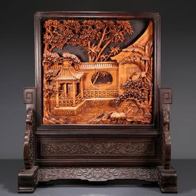 A Wonderful Zitanwood Boxwood-Inlaid 'Landscape' Table Screen With Poem Inscriptions