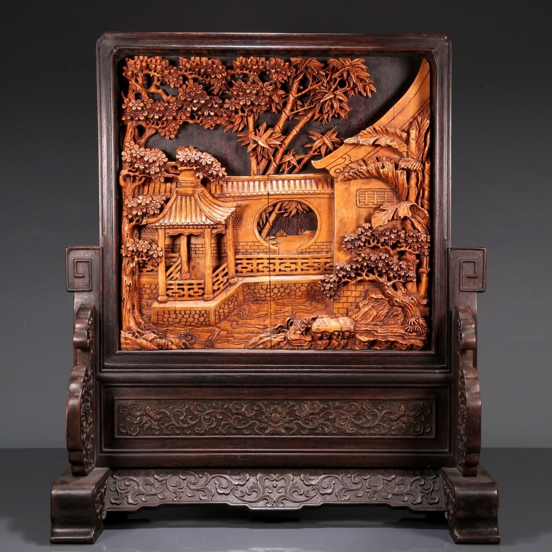 A Wonderful Zitanwood Boxwood-Inlaid 'Landscape' Table Screen With Poem Inscriptions (1 of 10)
