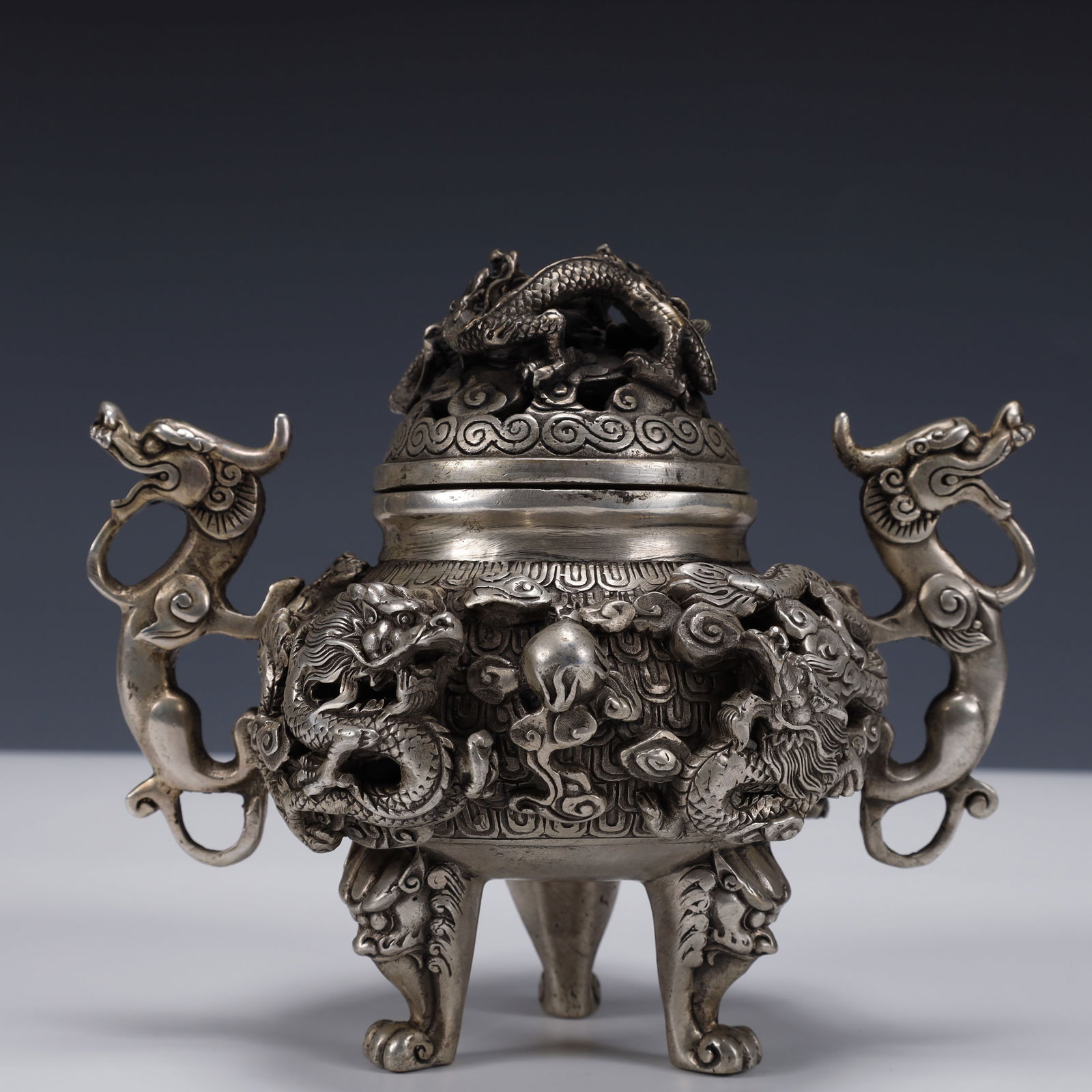 An Exquisite Silver-plated Dragon Pattern Double-Ears and Tripod Censer (1 of 15)
