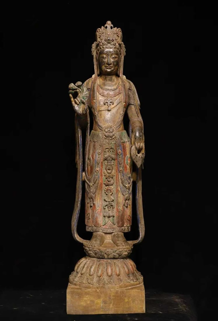 A Solemn Limestone Painted Color Statue of Avalokitesvara: A Solemn Limestone Painted Color Statue of Avalokitesvara,N.Qi,China,Size:59.1inx15.4in 青石彩绘观音像,中国北齐时期
