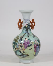 An Exquisite Famille-Rose Character and Story Pattern Double-Ears Vase