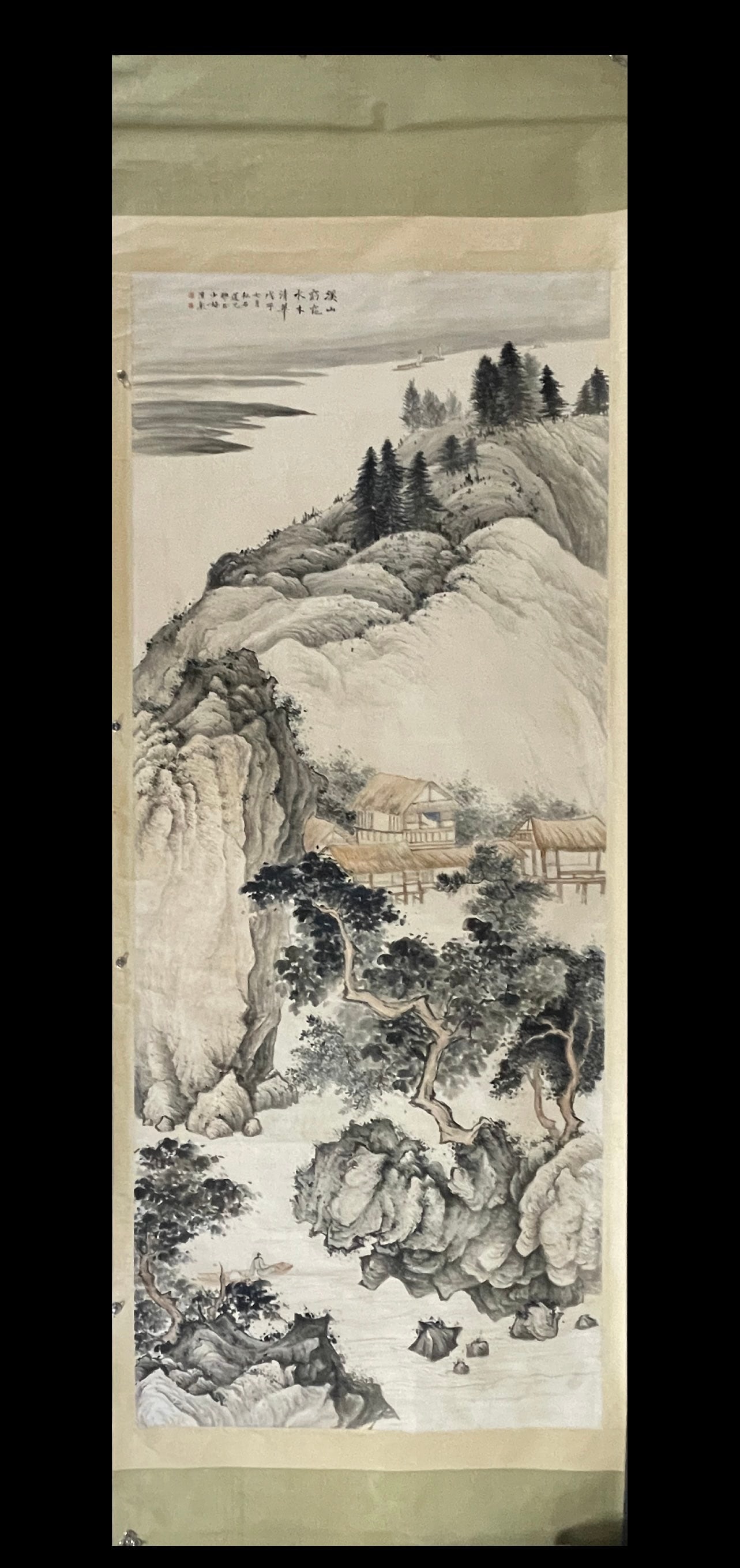 A Chinese Vertical Scroll Ink Painting of Landscape on Paper (1 of 9)