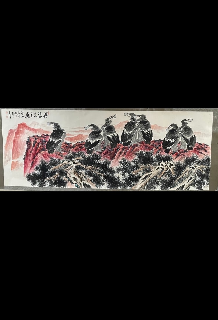 A Chinese Ink Painting of Pine and Eagle on Paper: A Chinese Ink Painting of Pine and Eagle on Paper,Li Kuchan,Size:55.1inx141.7in 一幅中国水墨松鹰画,李苦禅