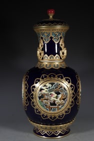 An Exquisite Ji Blue Glazed Painted Gold Landscape Pattern Vase