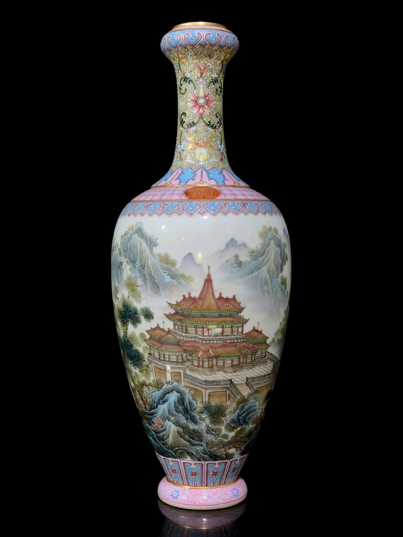 An Exquisite Enamel Painted Gold Landscape Pattern Vase,with poem: An Exquisite Enamel Painted Gold Landscape Pattern Vase,with poem,Qing Dynasty,China,Yongzheng Six-character Mark,Size:11.2inx4.3in 