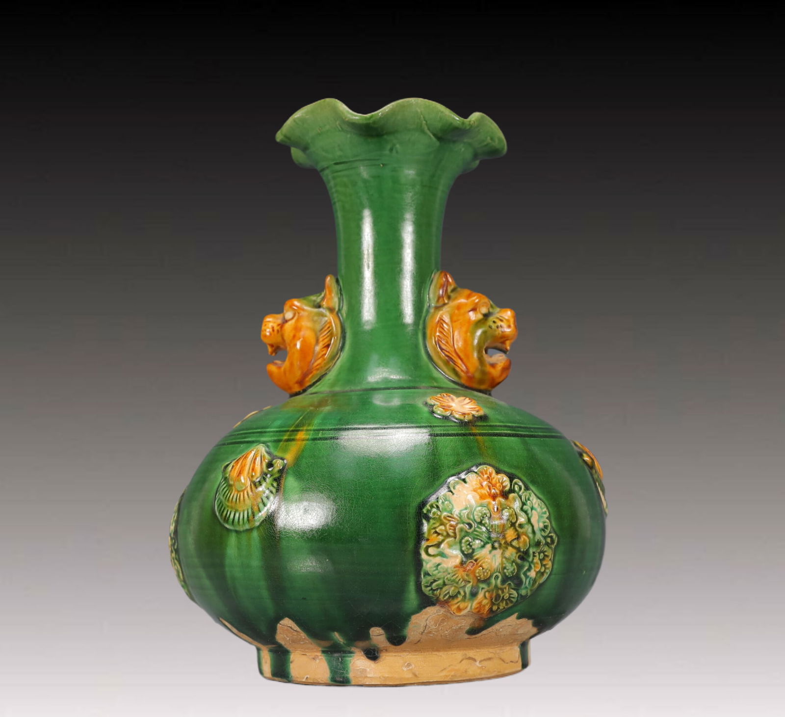 An Exquisite Tang Tri-Color Glazed Pottery Flower Pattern Beast-Ears Vase: An Exquisite Tang Tri-Color Glazed Pottery Flower Pattern Beast-Ears Vase,Tang Dynasty, China,Size:7.9inx7.9inx9.4in,Weight:1150g 