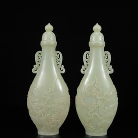 A Pair of Exquisite White Jade Flower Pattern Double-Ears Vases