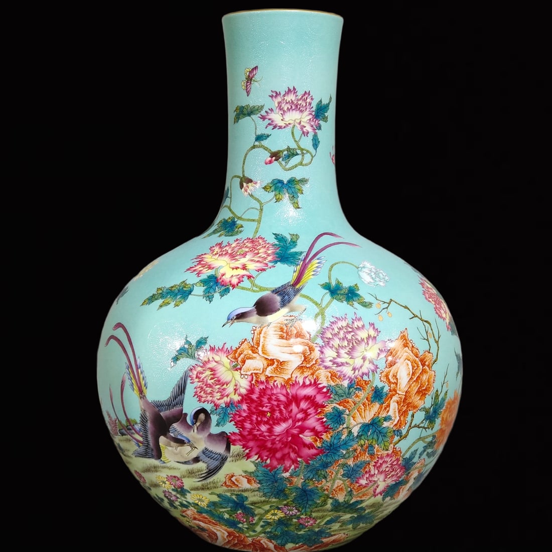 A Huge Turquoise Glazed Flower and Bird Pattern Vase,with Poem: A Huge Turquoise Glazed Flower and Bird Pattern Vase,with Poem,Qing Dynasty,China,Yongzheng Six-Character Mark,Size:19.3inx12.6in 