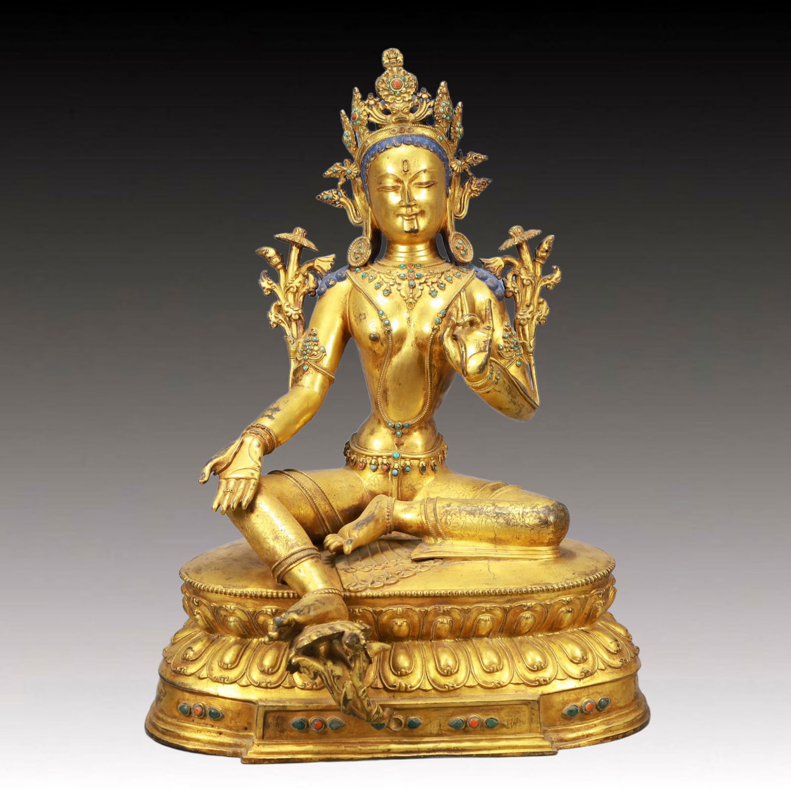 A Solemn Gilt Bronze Inlaid Gems Statue of Amitayus: A Solemn Gilt Bronze Inlaid Gems Statue of Amitayus,Ming Dynasty, China,Size:17.3inx11inx23.4in Weight:20150g 