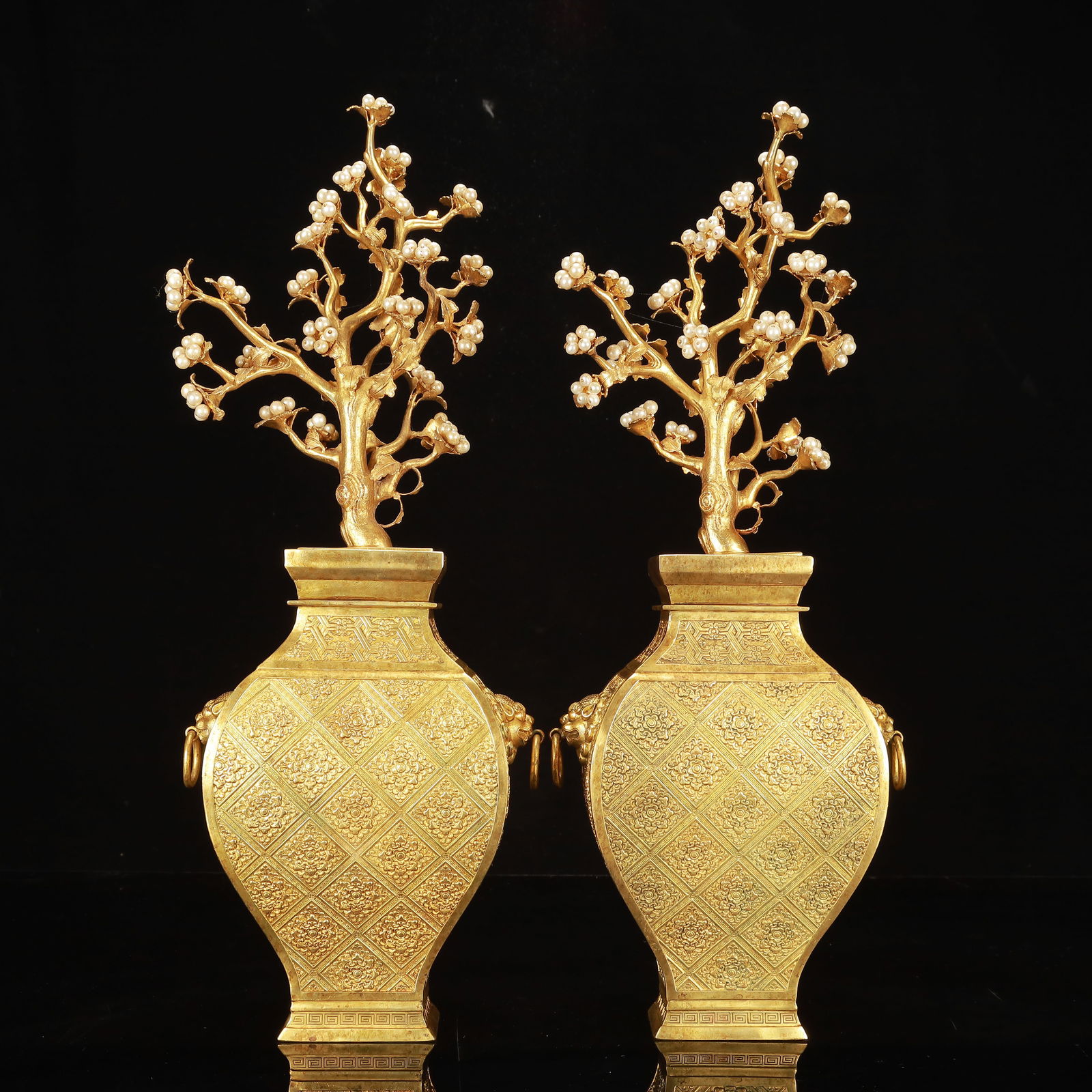 A Pair of Huge Gilt Bronze Flower Pattern Beast-Ears Vases, Inlaid Pearl: A Pair of Huge Gilt Bronze Flower Pattern Beast-Ears Vases, Inlaid Pearl,Qing Dynasty, China,Qianlong Four-character Mark,Size:7.5inx4.3inx19.3in,Weight:6050g 