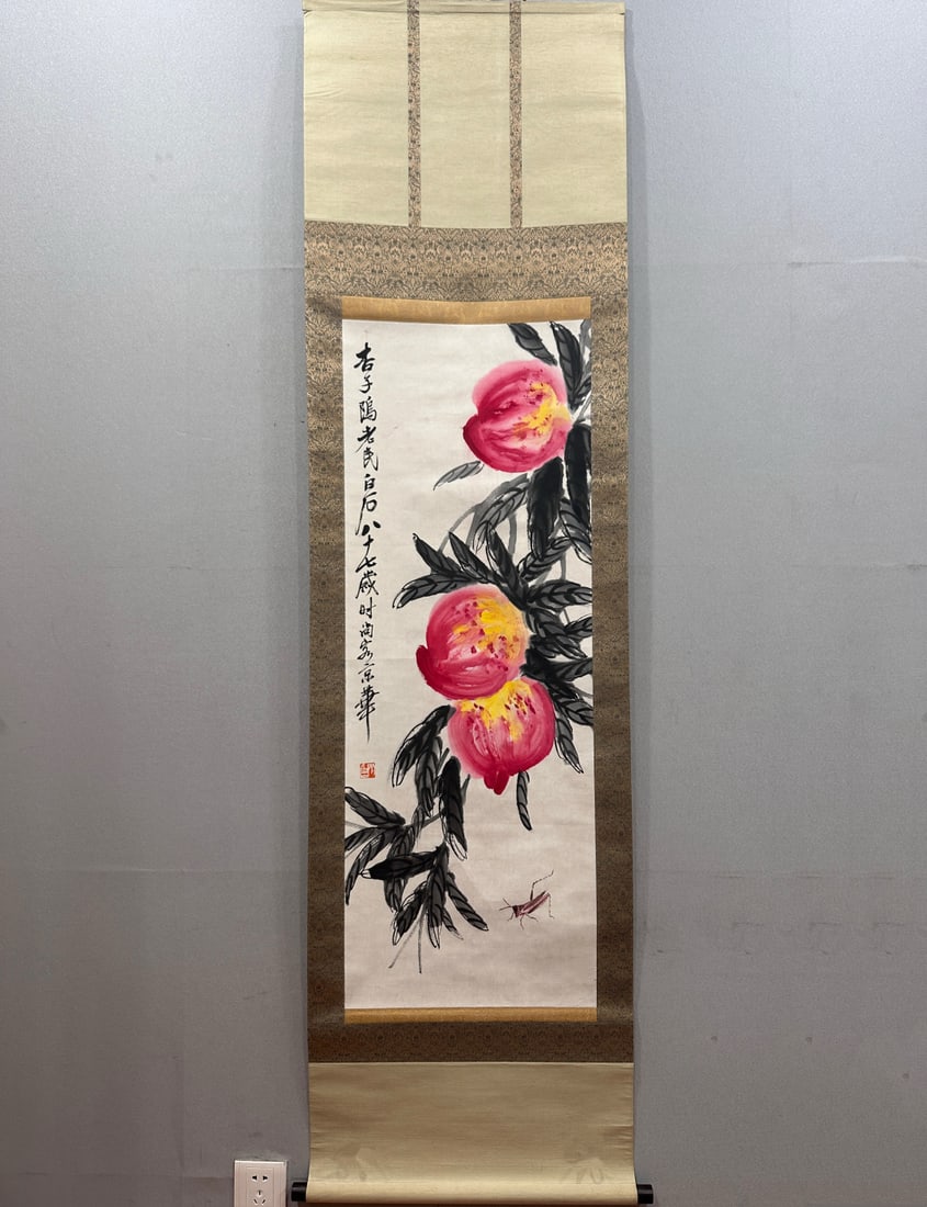 A Chinese Vertical Scroll Ink Painting of Peach on Paper: A Chinese Vertical Scroll Ink Painting of Peach on Paper,Qi Baishi,Size:16.1inx44.5in 一幅中国水墨桃子画立轴,齐白石