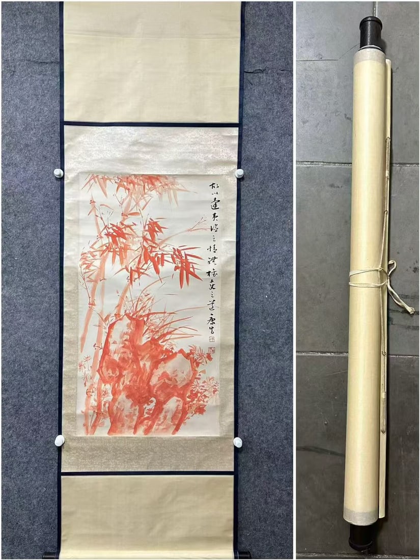 A Chinese Vertical Scroll Ink Painting of Bamboo on Paper: A Chinese Vertical Scroll Ink Painting of Bamboo on Paper,Kang Sheng,Size:21.5inx39.4in 一幅中国水墨竹画立轴,康生
