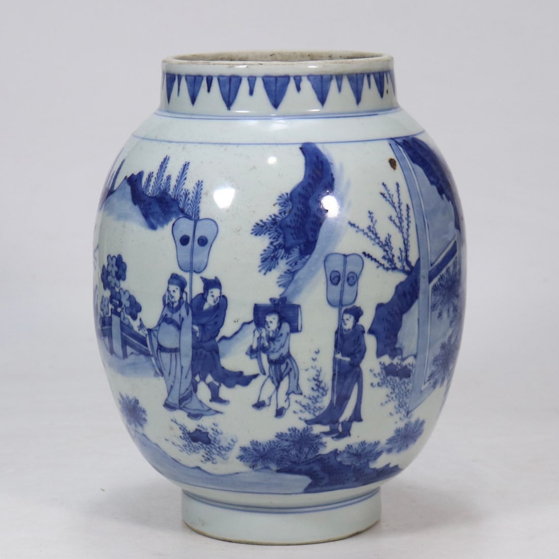 An Exquisite Blue and White Character and Story Pattern Jar: An Exquisite Blue and White Character and Story Pattern Jar,Ming Dynasty,China,Size:9.8inx4.7in 青花人物故事纹罐,中国明代