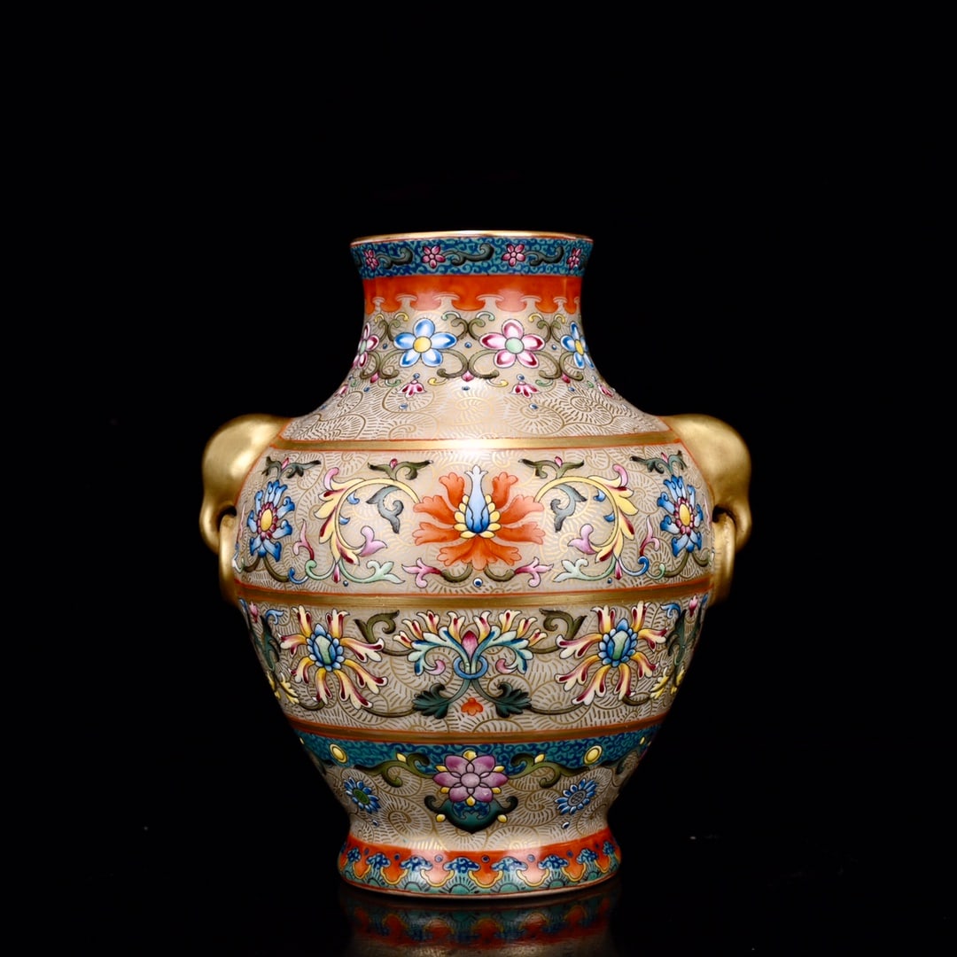 An Exquisite Enamel Painted Gold Flower Pattern Elephant-Ears Vase: An Exquisite Enamel Painted Gold Flower Pattern Elephant-Ears Vase,Qing Dynasty,China,Yongzheng Four-Character Mark,Size:5.7inx5.1in 