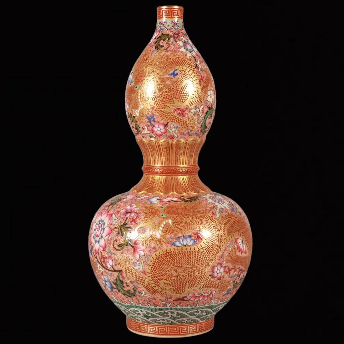 An Exquisite Famille-Rose Flower and Dragon Pattern Double-Ears and Tripod Gourd-Shaped Vase: An Exquisite Famille-Rose Flower and Dragon Pattern Double-Ears and Tripod Gourd-Shaped Vase,Qing Dynasty, China,Qianlong Six-character Mark,Size:7.9inx4.1in 