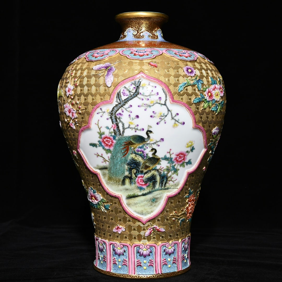 A Rare Gold Ground Famille-Rose Flower and Peacock Pattern Vase: A Rare Gold Ground Famille-Rose Flower and Peacock Pattern Vase,Qing Dynasty,China,Qianlong Six-Character Mark,Size:12.4inx8.2in 